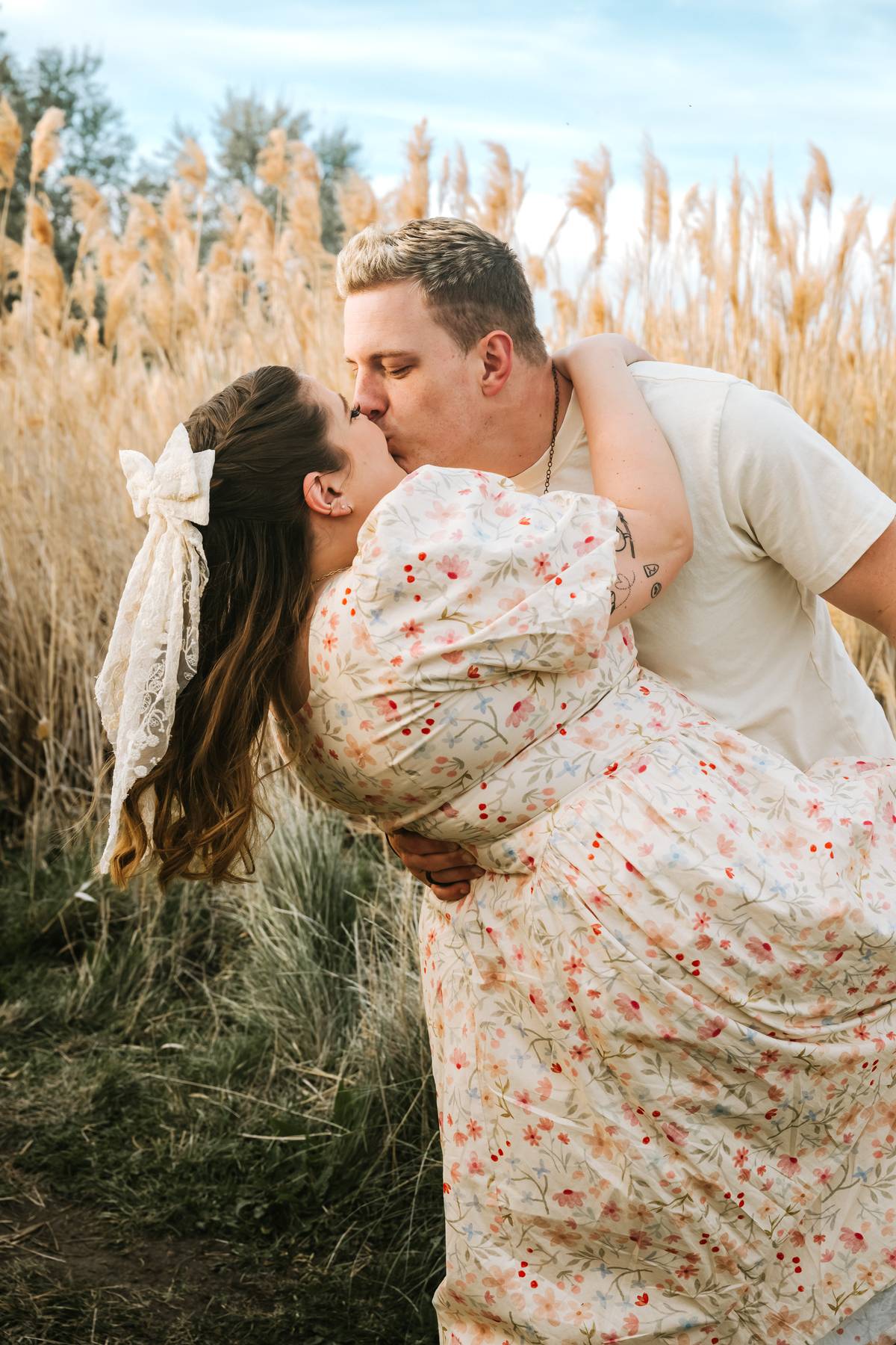 Couple dip pose during Utah engagement shoot at sunset, Salt Lake area